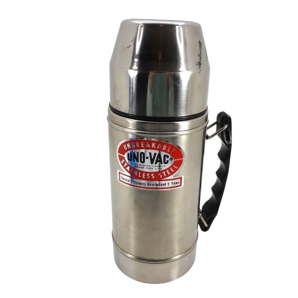 Uno-Vac Stainless Steel Thermos Unbreakable Bottle with Handle 1 Quart Vintage